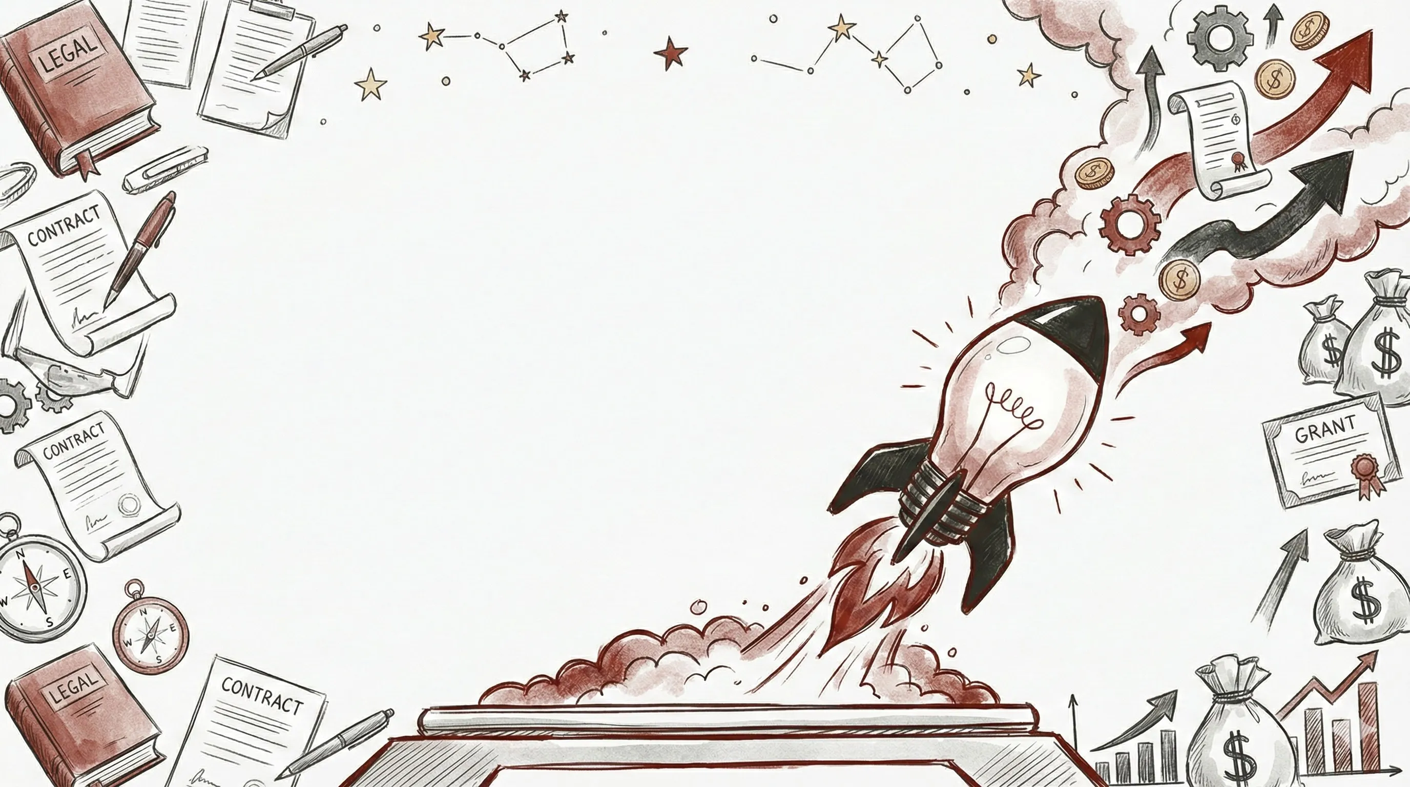 Ilustracja rakiety w kształcie żarówki startującej z książki, otoczona symbolami prawnymi, kontraktami, pieniędzmi i ikonami wzrostu.