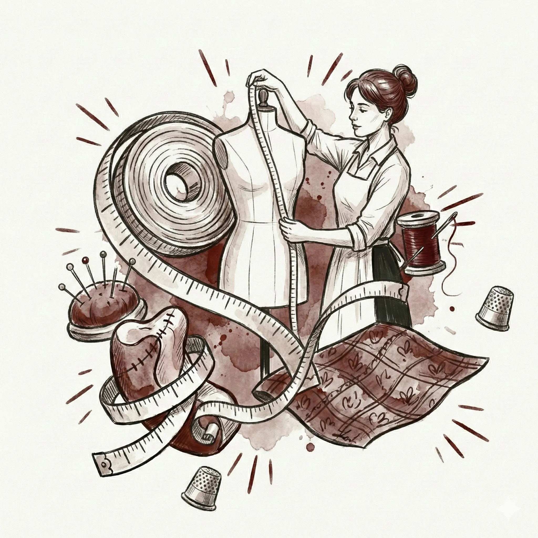 Ilustracja krawcowej mierzącej manekin, otoczona taśmą mierniczą, nicią, igłami, kawałkiem tkaniny i naparstkami.