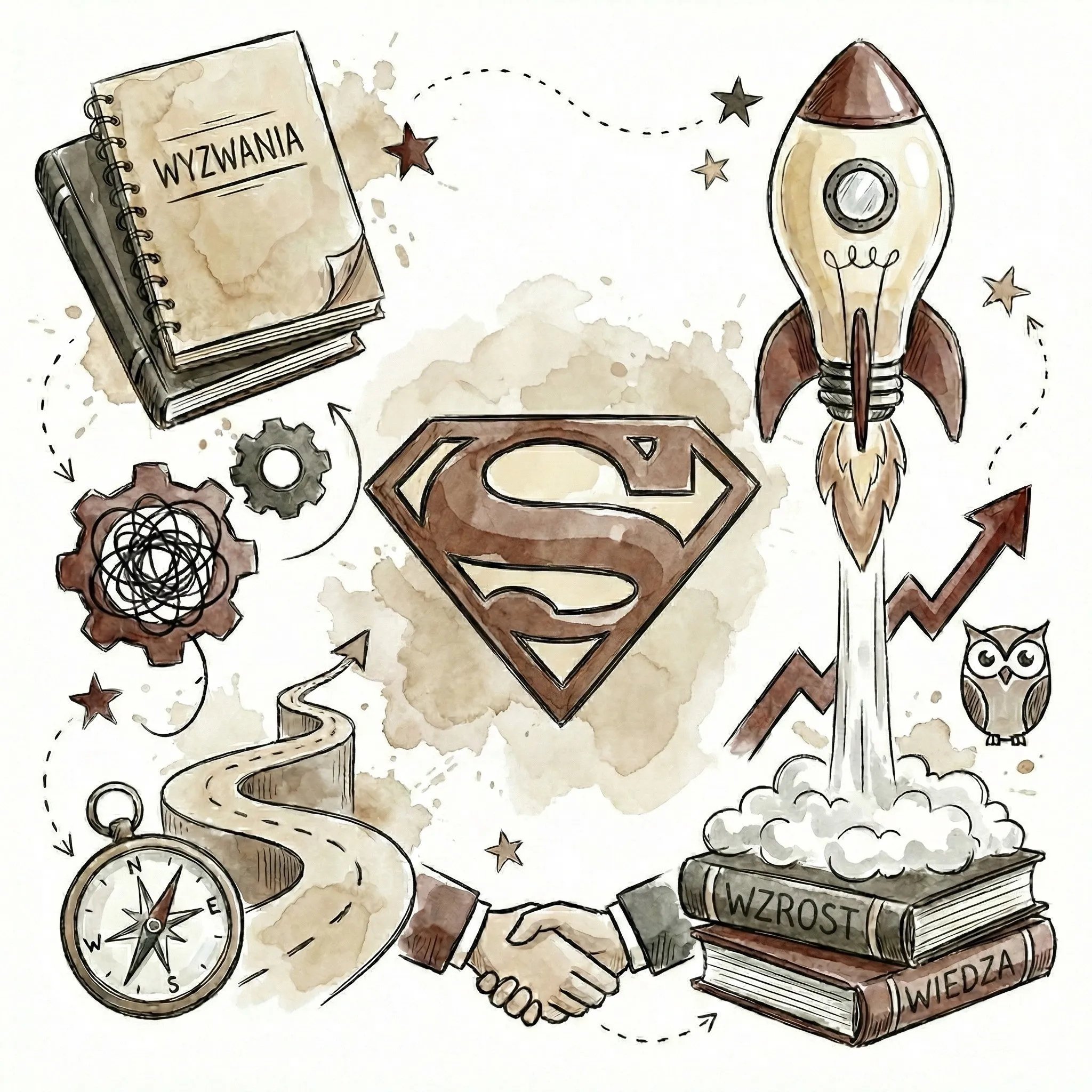 Ilustracja przedstawiająca książki z napisami WYZWANIA, WZROST, WIEDZA, rakietę startującą z książek, symbol Supermana, kompas, drogę, dwa koła zębate, uścisk dłoni i sowę.