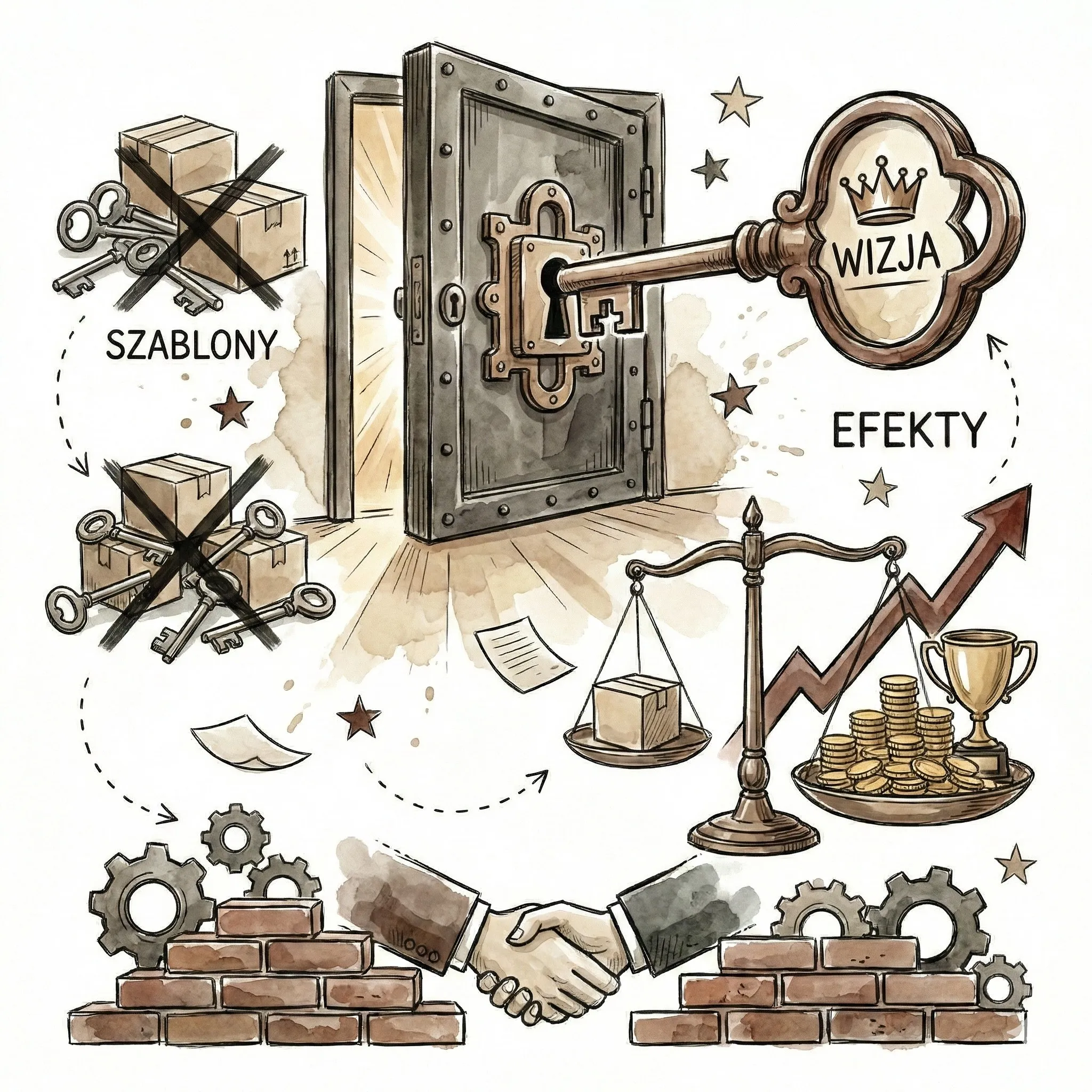 Ilustracja klucz do sejfu z napisem 'Wizja' otwierający drzwi do sukcesu, z symbolem równowagi, rosnących monet i uścisku dłoni, odrzucając szablony.